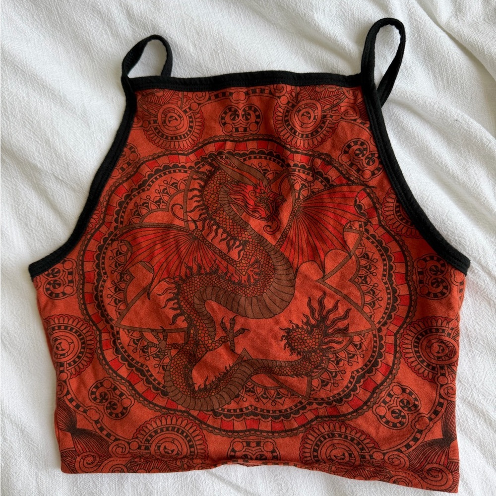 Truly Madly Deeply Red Dragon Print Cropped Tank with Black Trim